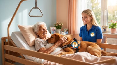 Eine ältere Bewohnerin liegt lächelnd in ihrem Pflegebett und streichelt einen Therapiehund – einen Labrador mit blauem DBTB-Assistenzhund-Geschirr, der sich eng an sie schmiegt. Rechts sitzt eine lächelnde Hundeführerin im blauen DBTB-Poloshirt am Bettrand. Das Zimmer ist hell und freundlich mit Tageslicht, Blumen und Familienfotos.